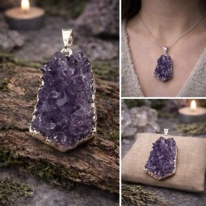 Amethyst Cluster Pendant | Boho Witchy Cottagecore Raw‎ Crystal Necklace